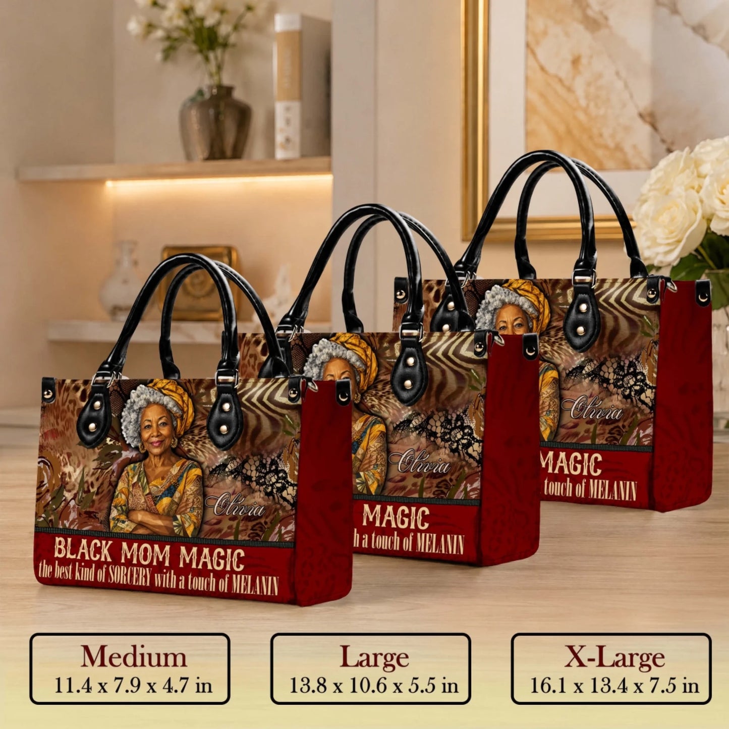 Personalized Black Mom Magic PU leather handbag for women featuring a custom name and sorcery theme design