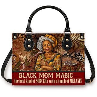Custom tote handbag featuring an elegant woman portrait and the quote Black Mom Magic for a meaningful Mother's Day gift.