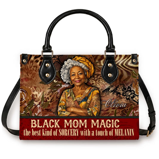 Custom tote handbag featuring an elegant woman portrait and the quote Black Mom Magic for a meaningful Mother's Day gift.