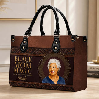 Brown personalized leather handbag displaying Black Mom Magic quote and a custom photo portrait of a joyful woman.