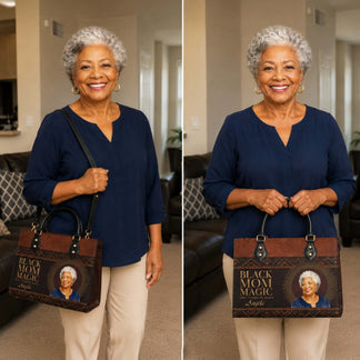 Personalized brown leather handbag featuring custom photo and Black Mom Magic text for Mother's Day birthday gifts