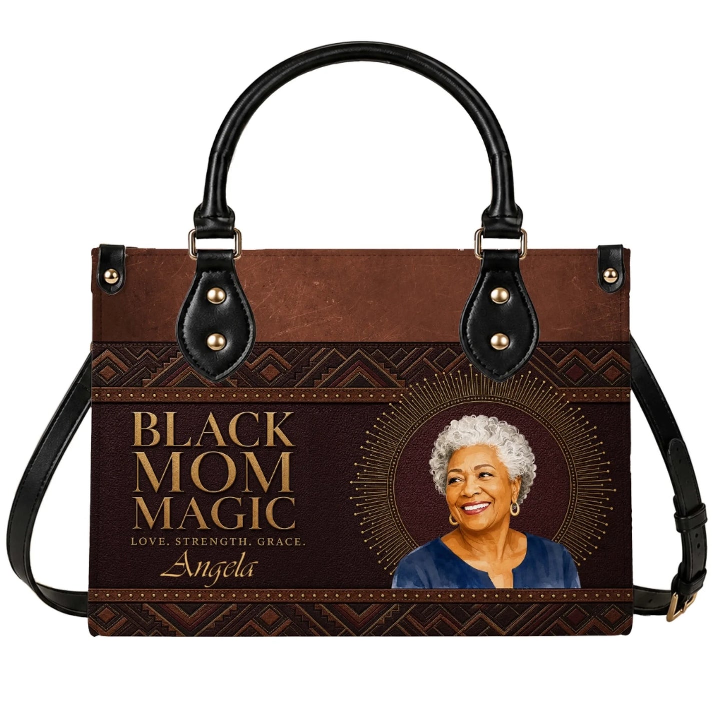 Custom brown leather handbag featuring Black Mom Magic text, a personalized name, and a custom photo of a smiling woman.