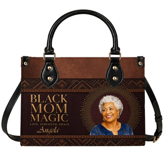 Custom brown leather handbag featuring Black Mom Magic text, a personalized name, and a custom photo of a smiling woman.