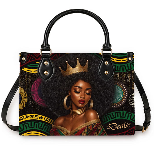 Personalized black queen handbag featuring an elegant afro hair illustration and custom name for a stylish gift.