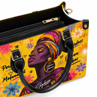 A yellow PU leather handbag featuring vibrant African American queen art with the custom name Sophia and inspiring quotes.