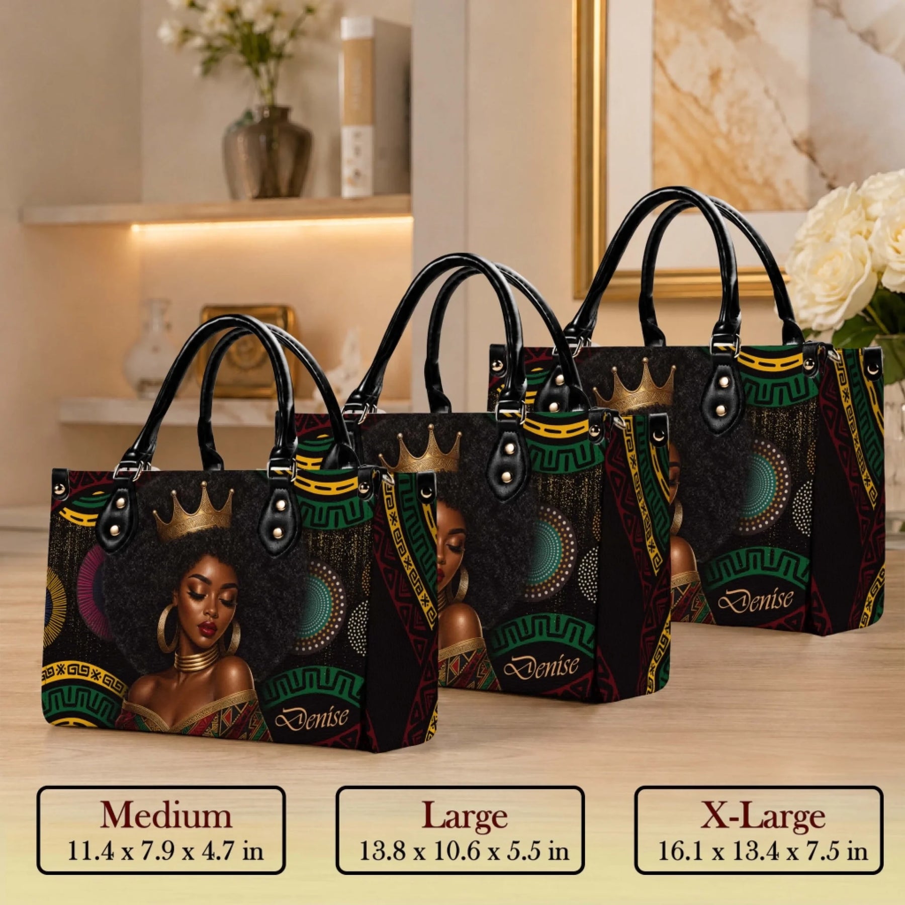 Set of three personalized Black queen art tote bags in medium large and XL sizes featuring a regal woman and custom name.