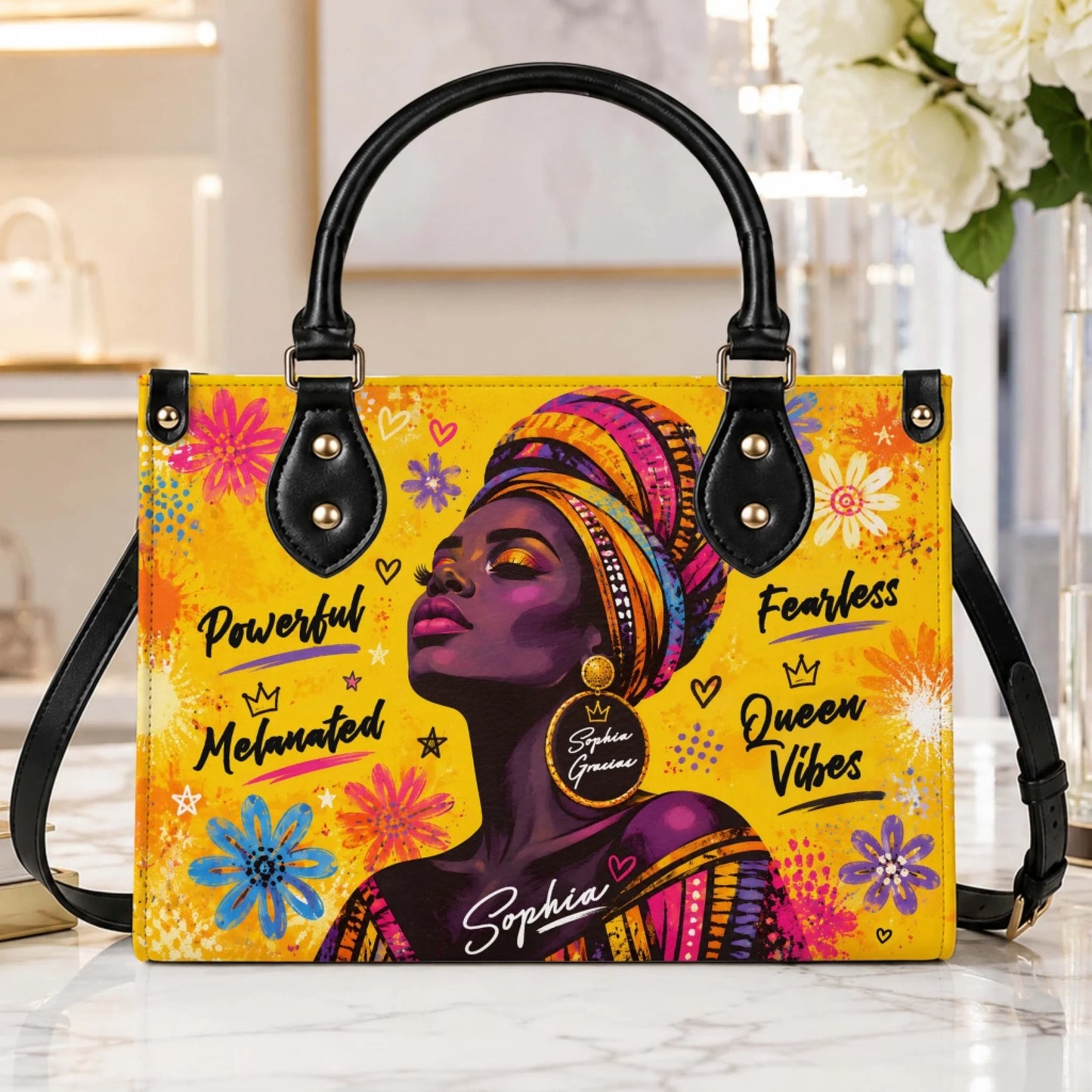 Personalized black woman art handbag with vibrant floral motifs and custom name, perfect for a queen vibes gift.