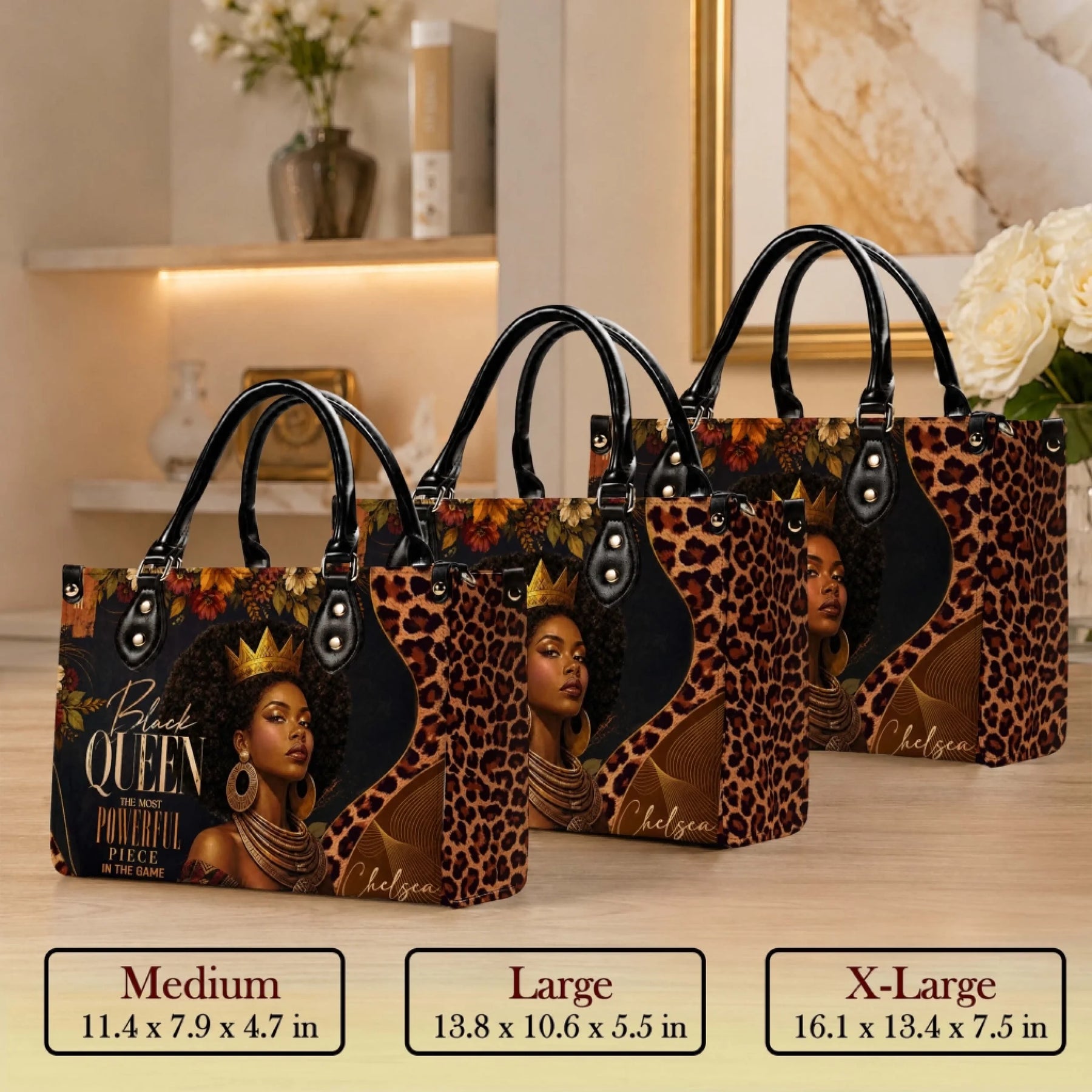 Three sizes of a Black Queen tote bag displayed together showing medium large and extra large dimensions for comparison.