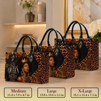 Three sizes of a Black Queen tote bag displayed together showing medium large and extra large dimensions for comparison.