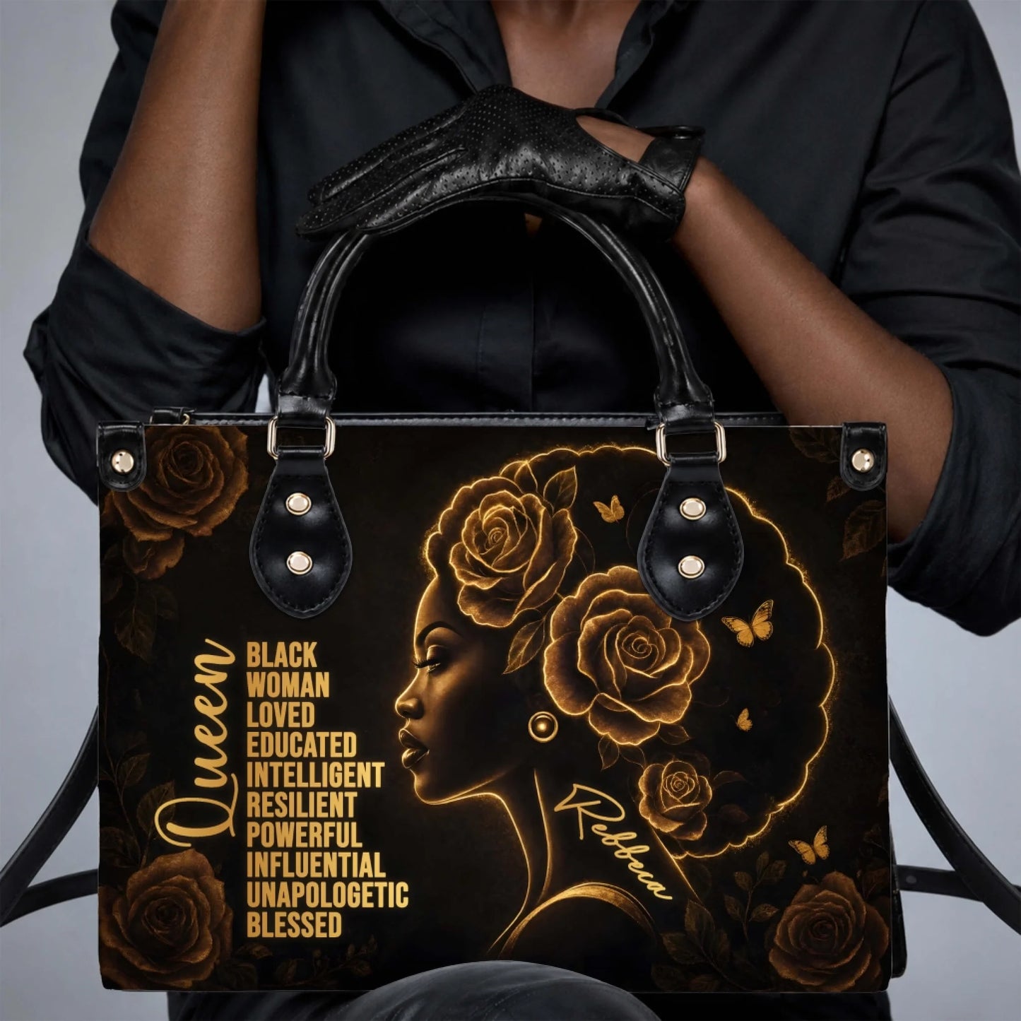 A stylish PU leather handbag featuring a glowing portrait of a Black woman with roses, custom name, and empowering words.