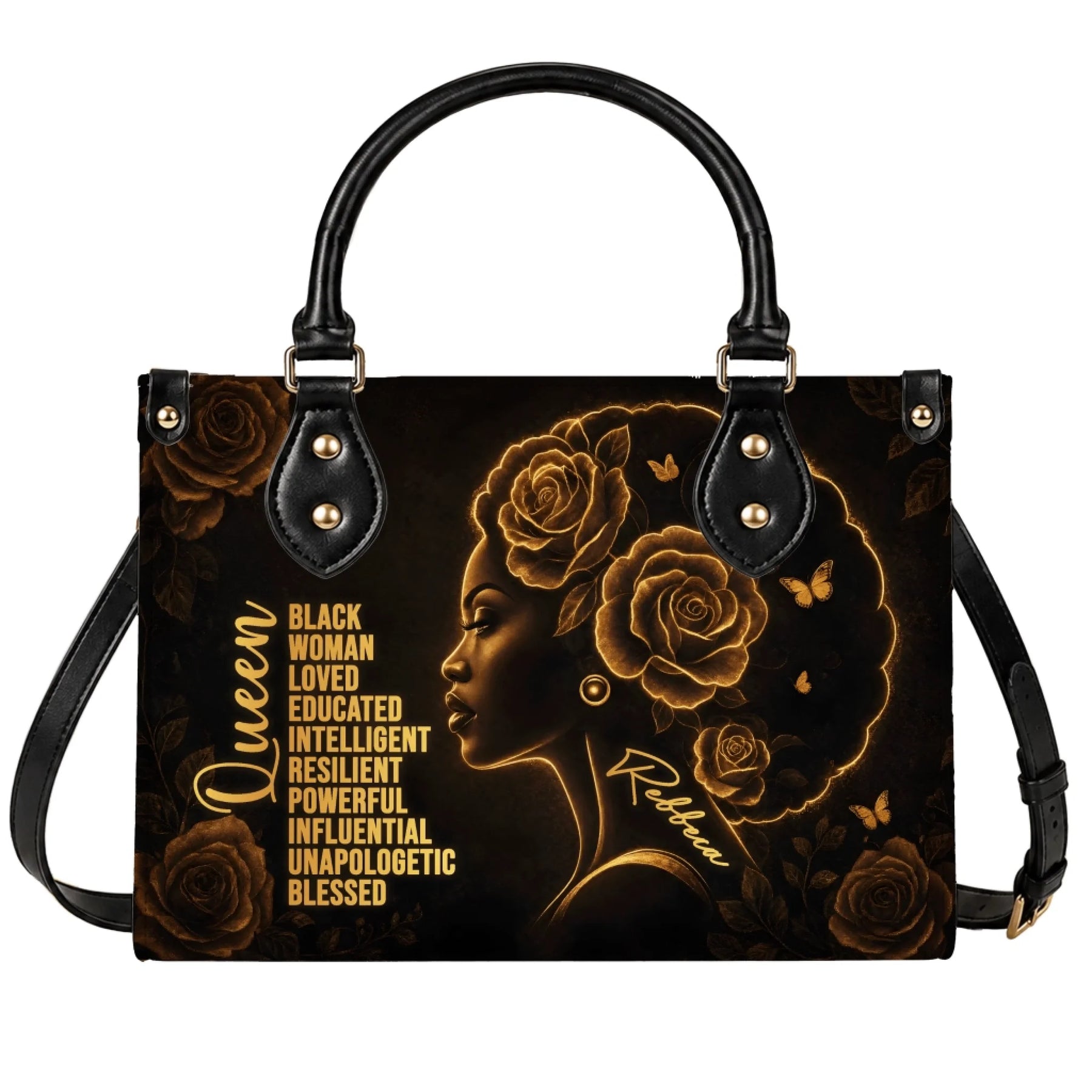 Personalized black woman queen tote bag featuring elegant gold rose art and a custom name for a unique gift idea.