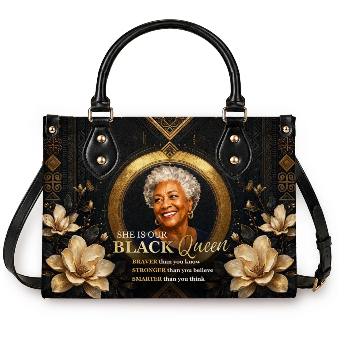 Personalized black queen tote bag featuring an elegant senior woman portrait, gold floral patterns, and empowering quotes for women.