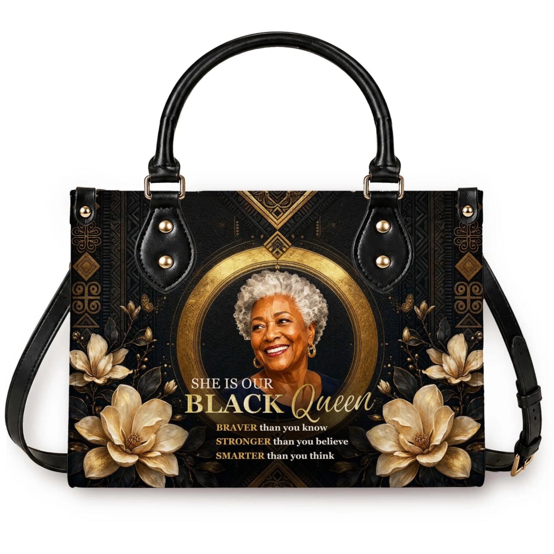 Personalized black queen tote bag featuring an elegant senior woman portrait, gold floral patterns, and empowering quotes for women.
