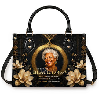 Personalized black queen tote bag featuring an elegant senior woman portrait, gold floral patterns, and empowering quotes for women.