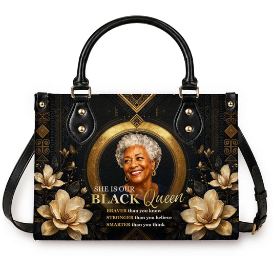 Personalized black queen tote bag featuring an elegant senior woman portrait, gold floral patterns, and empowering quotes for women.