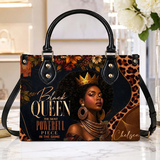 Elegant Black Queen themed handbag with custom name and powerful quote design perfect for a unique fashion gift.