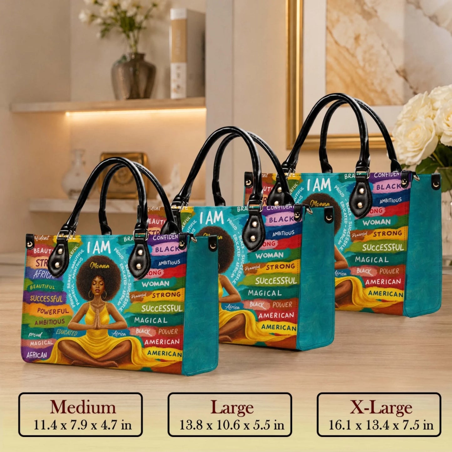 Comparison of medium large and extra large personalized PU leather handbags featuring artistic yoga theme art.