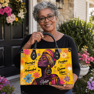 Custom handbag featuring a vibrant black woman queen art print and personalized name for a stylish gift for women.