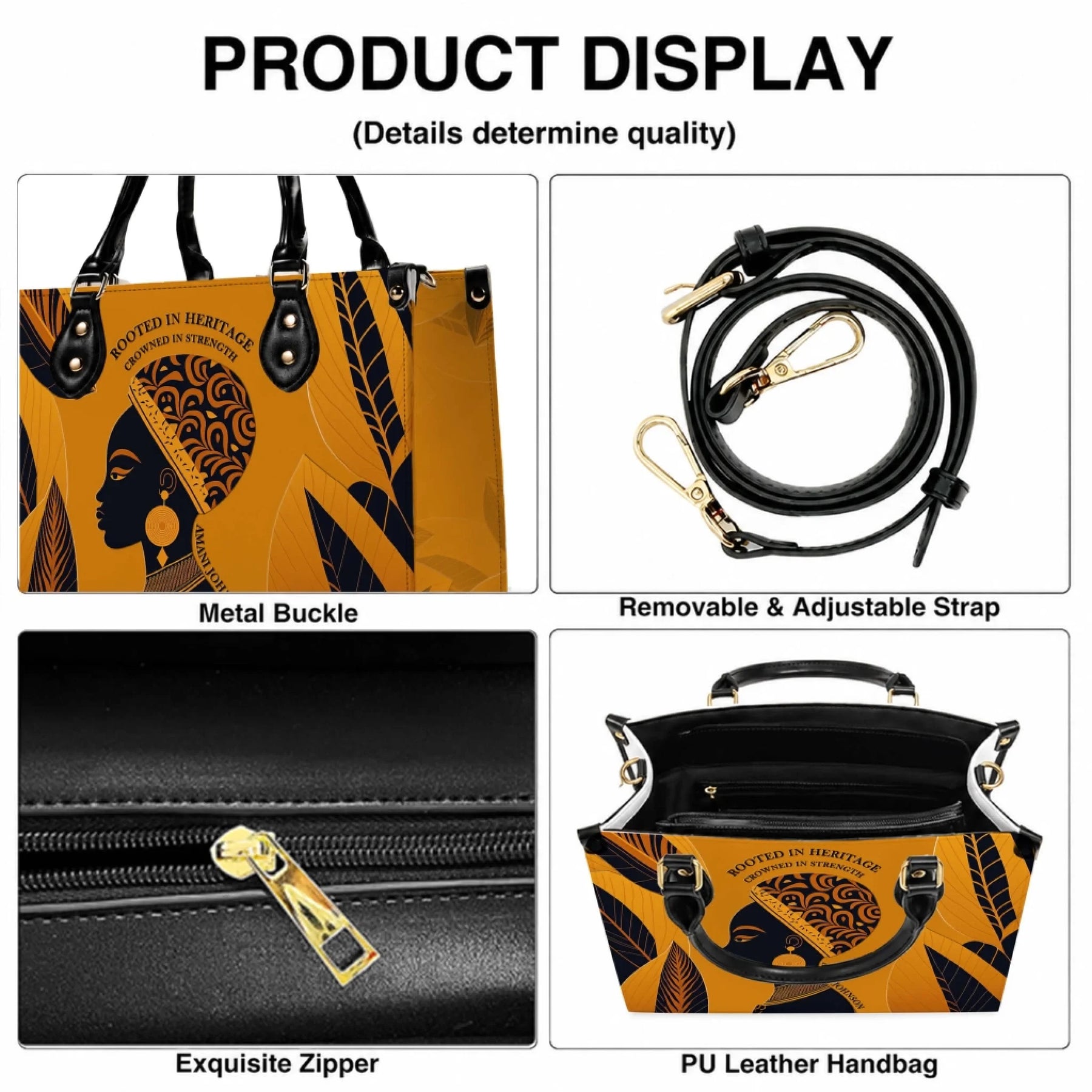 Detailed view of custom handbag features including metal buckles, removable strap, zipper closure, and inner pockets.