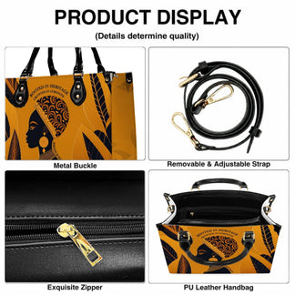 Detailed view of custom handbag features including metal buckles, removable strap, zipper closure, and inner pockets.