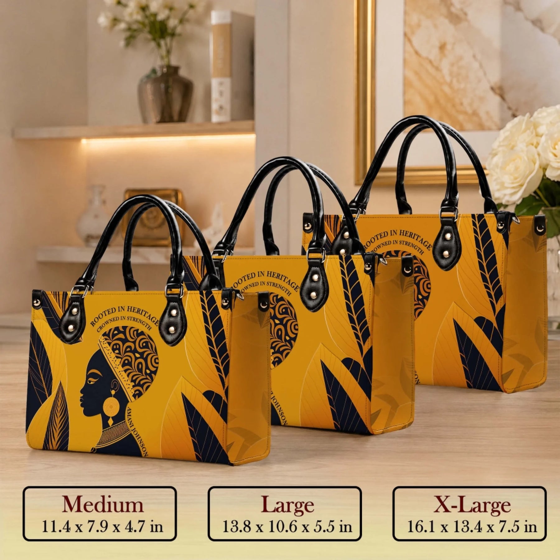 Size chart showing medium large and extra large personalized PU leather handbags with a Black woman art design.