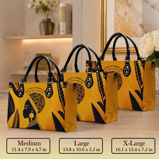 Size chart showing medium large and extra large personalized PU leather handbags with a Black woman art design.