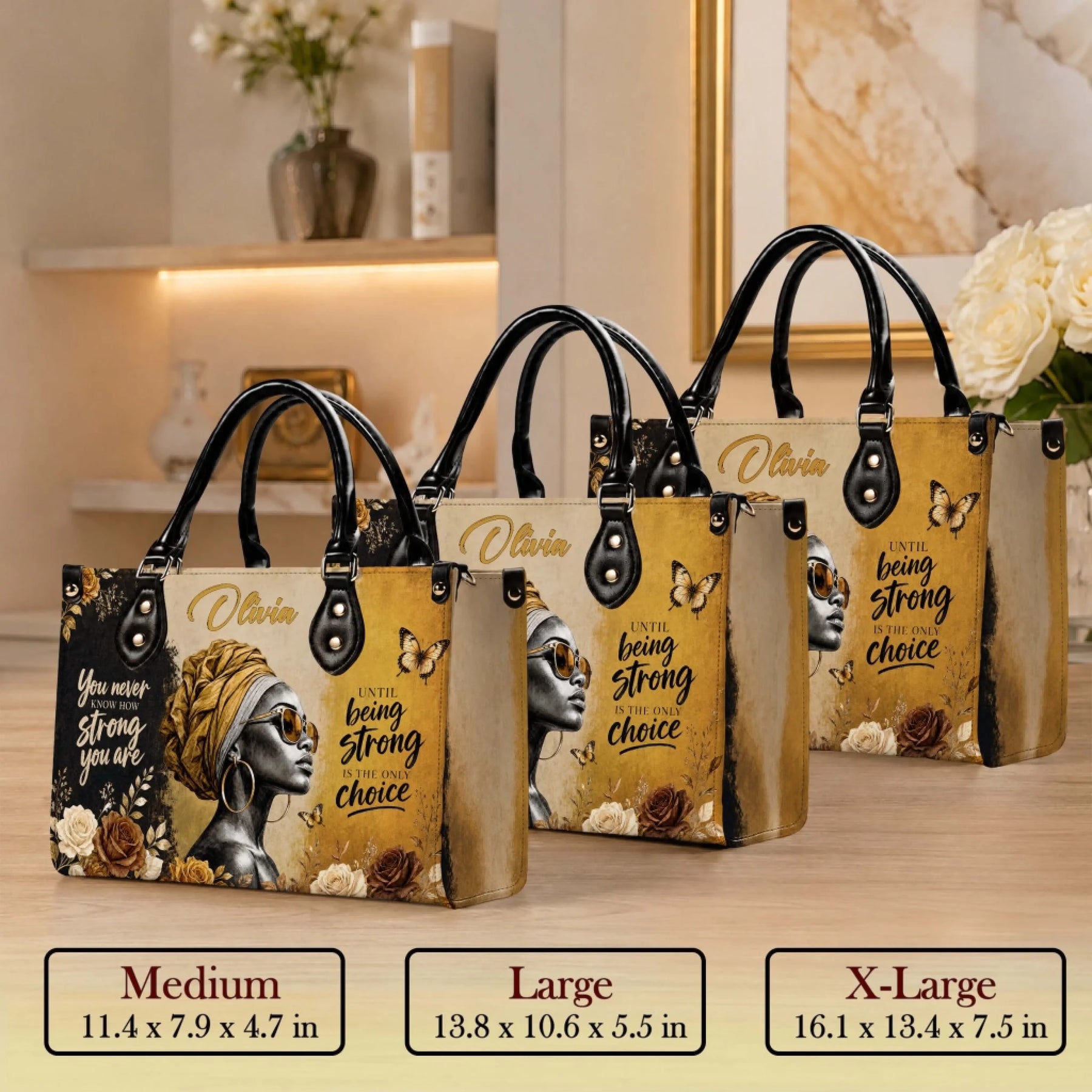 Personalized black woman portrait handbag with custom name and motivational quotes, features gold accents and floral art.