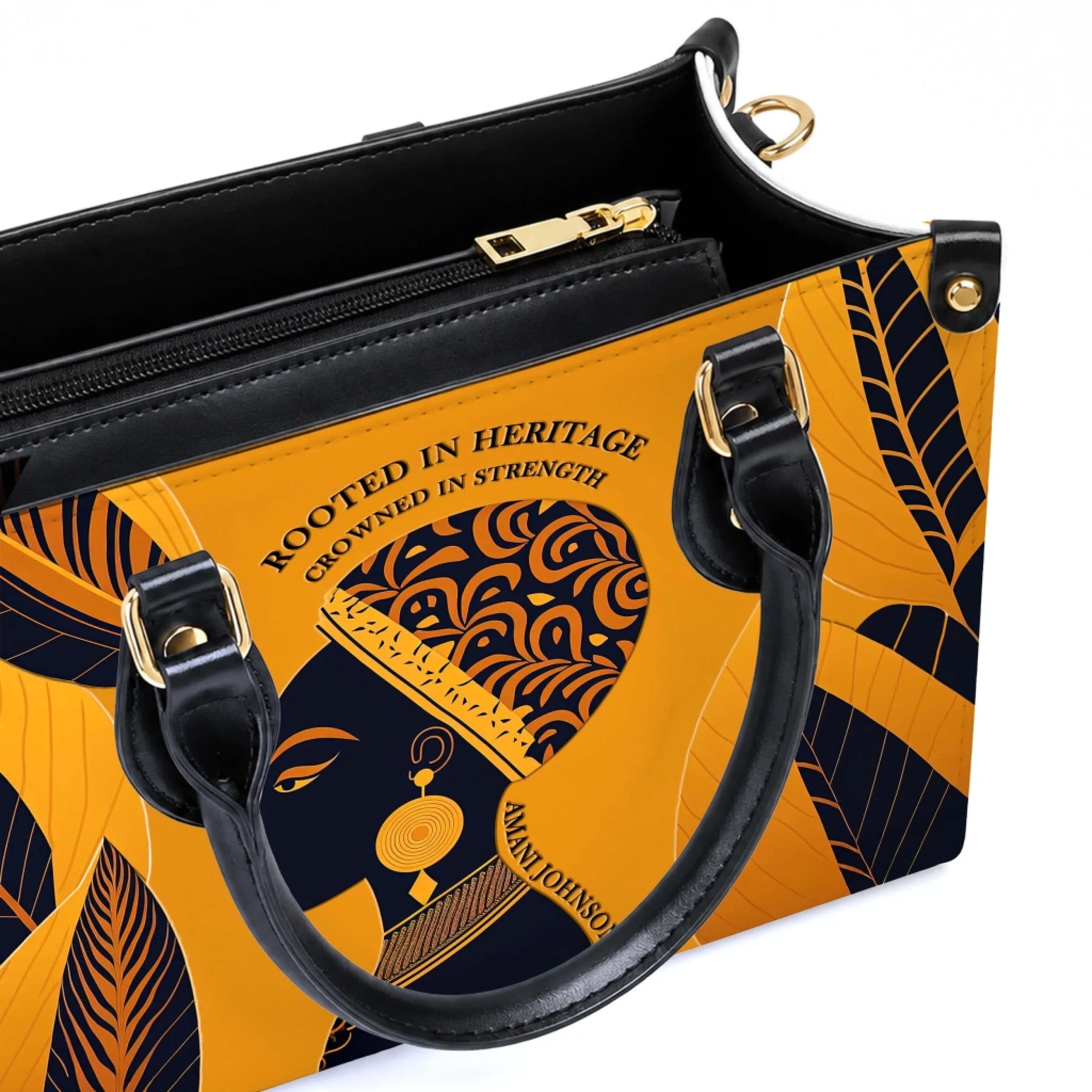 Custom PU leather handbag featuring a Black woman portrait with the text Rooted in Heritage Crowned in Strength.