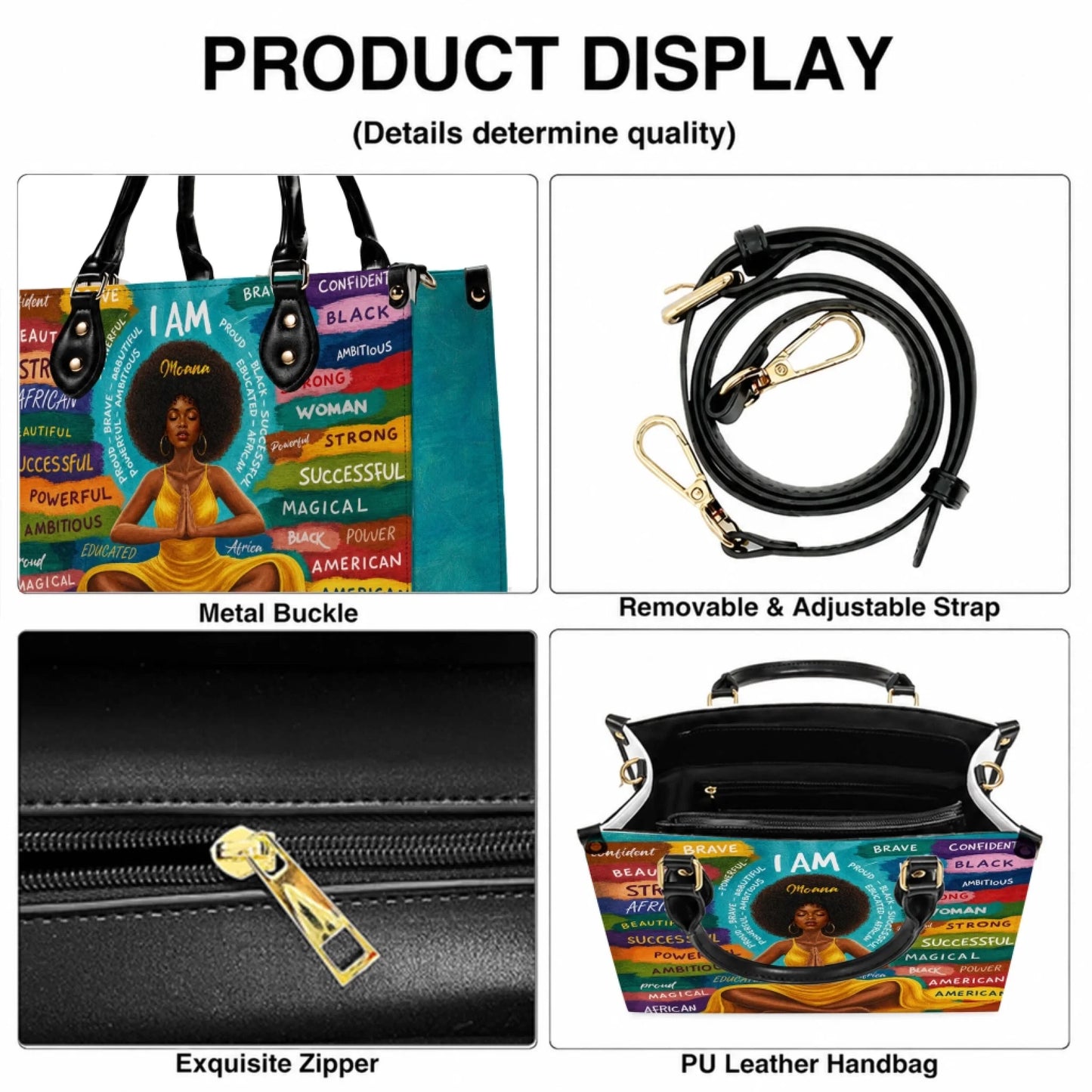 Product display showing the metal buckle zipper and adjustable strap features of the custom yoga theme handbag.