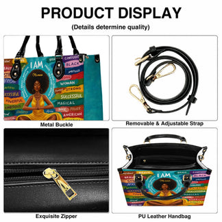 Product display showing the metal buckle zipper and adjustable strap features of the custom yoga theme handbag.