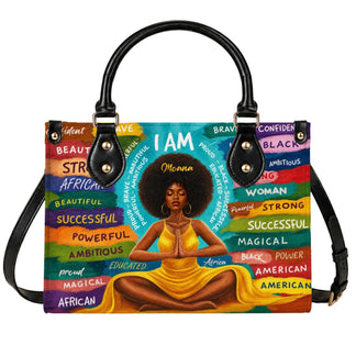 A personalized handbag featuring a black woman meditating, inspired by affirmations like strong, beautiful, and educated.