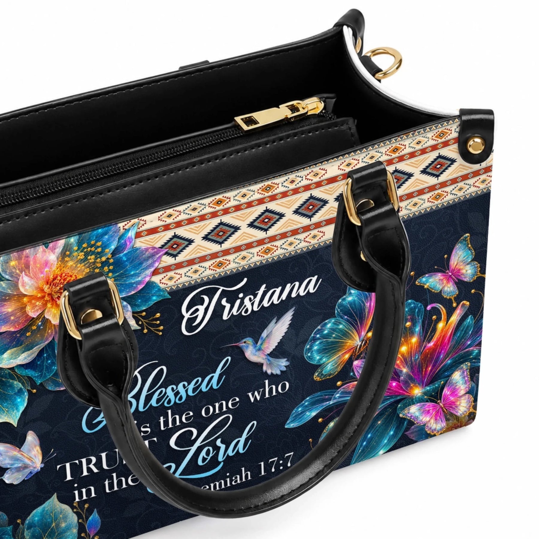 Custom name handbag featuring colorful butterflies hummingbirds and Jeremiah 17 7 bible verse for religious gifting