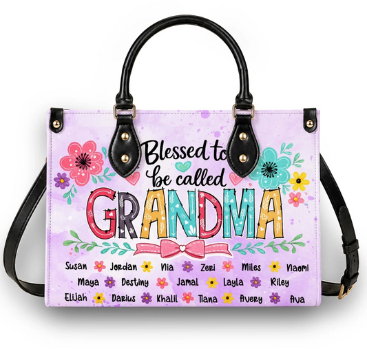 A custom floral print handbag featuring the text Blessed to be called GRANDMA and personalized names for a unique gift.