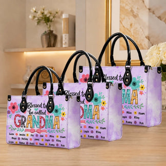 A set of personalized purple watercolor PU leather handbags featuring a floral Blessed to be called Grandma design.