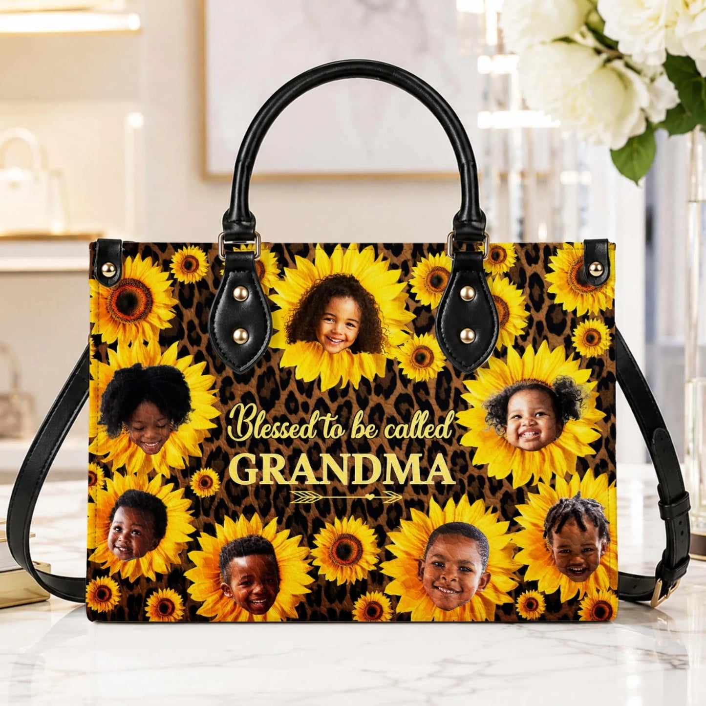 Personalized sunflower and leopard print handbag for grandma featuring multiple grandchildren photo custom design.