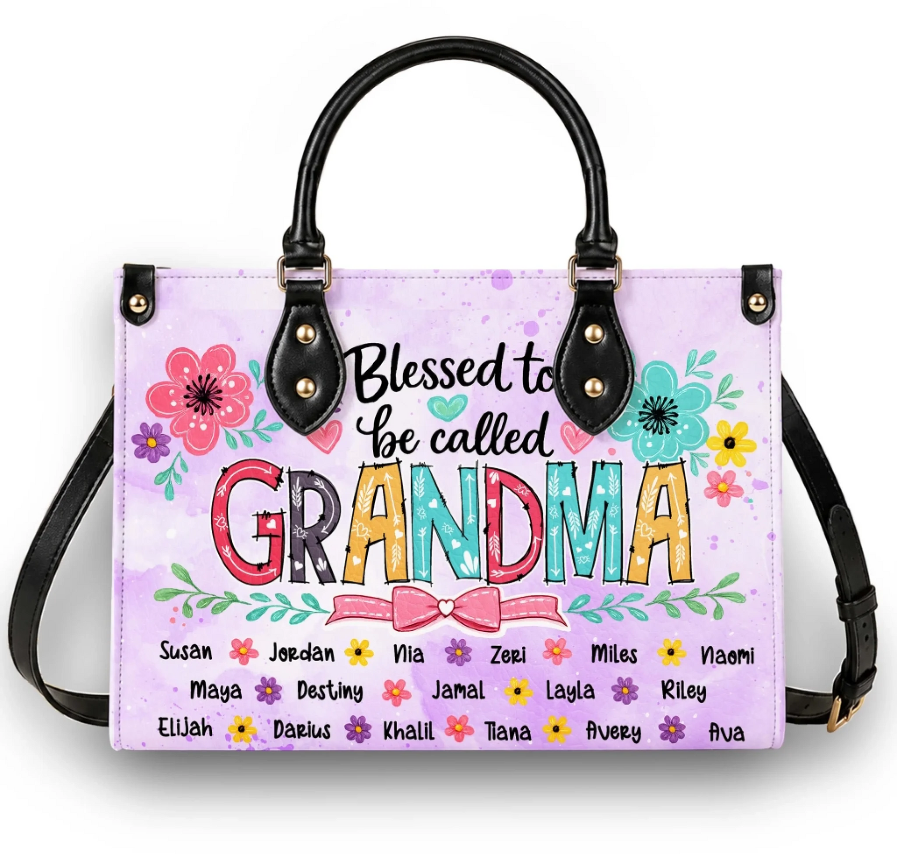 Personalized tote bag for grandma featuring a floral Blessed to be called Grandma design with custom family names.