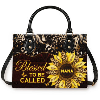 A stylish personalized handbag featuring a sunflower design with Nana and grandchildren names, perfect for Mother's Day.