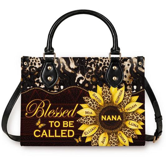 A stylish personalized handbag featuring a sunflower design with Nana and grandchildren names, perfect for Mother's Day.