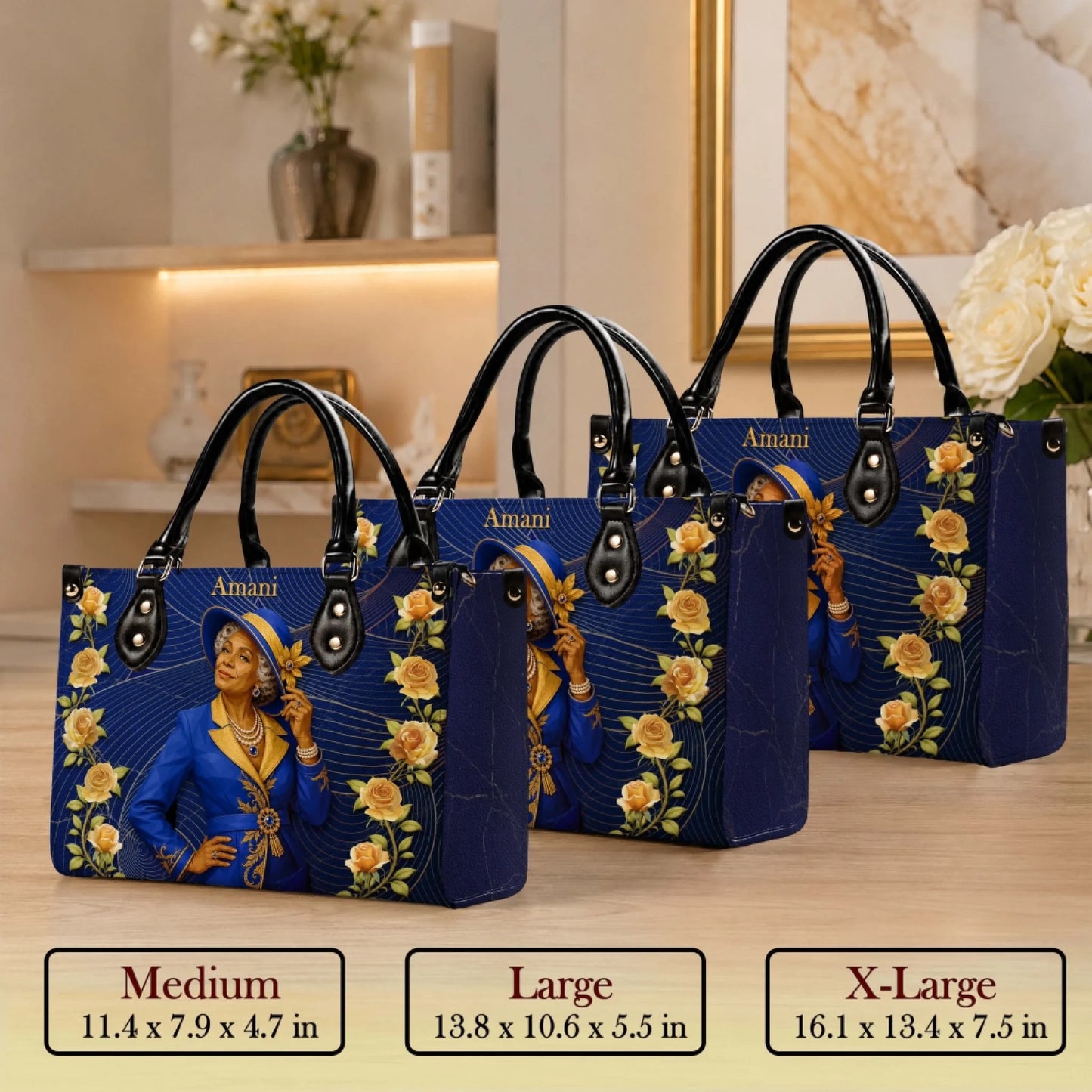 Three sizes of a personalized blue handbag showing a lady illustration with elegant roses for special gift occasions.