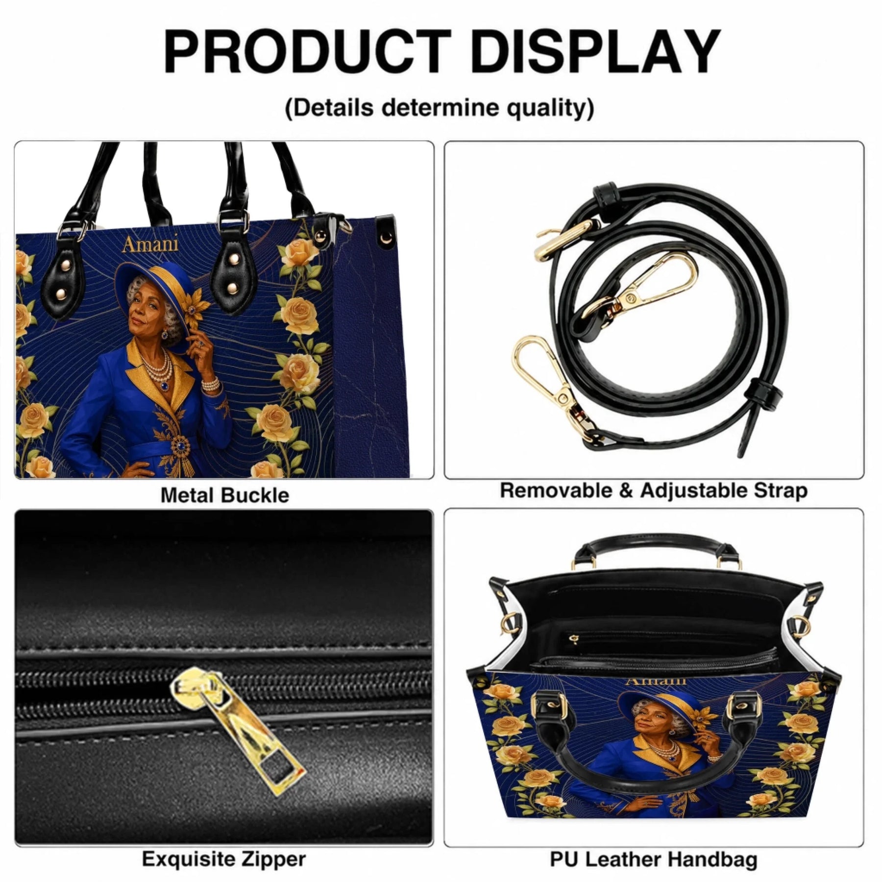 Product features of a personalized blue floral handbag including adjustable strap, metal buckle, and quality zipper.