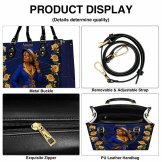 Product features of a personalized blue floral handbag including adjustable strap, metal buckle, and quality zipper.