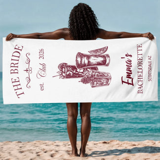 Custom bridal bachelorette party beach towel featuring cocktail illustrations and personalized name text.