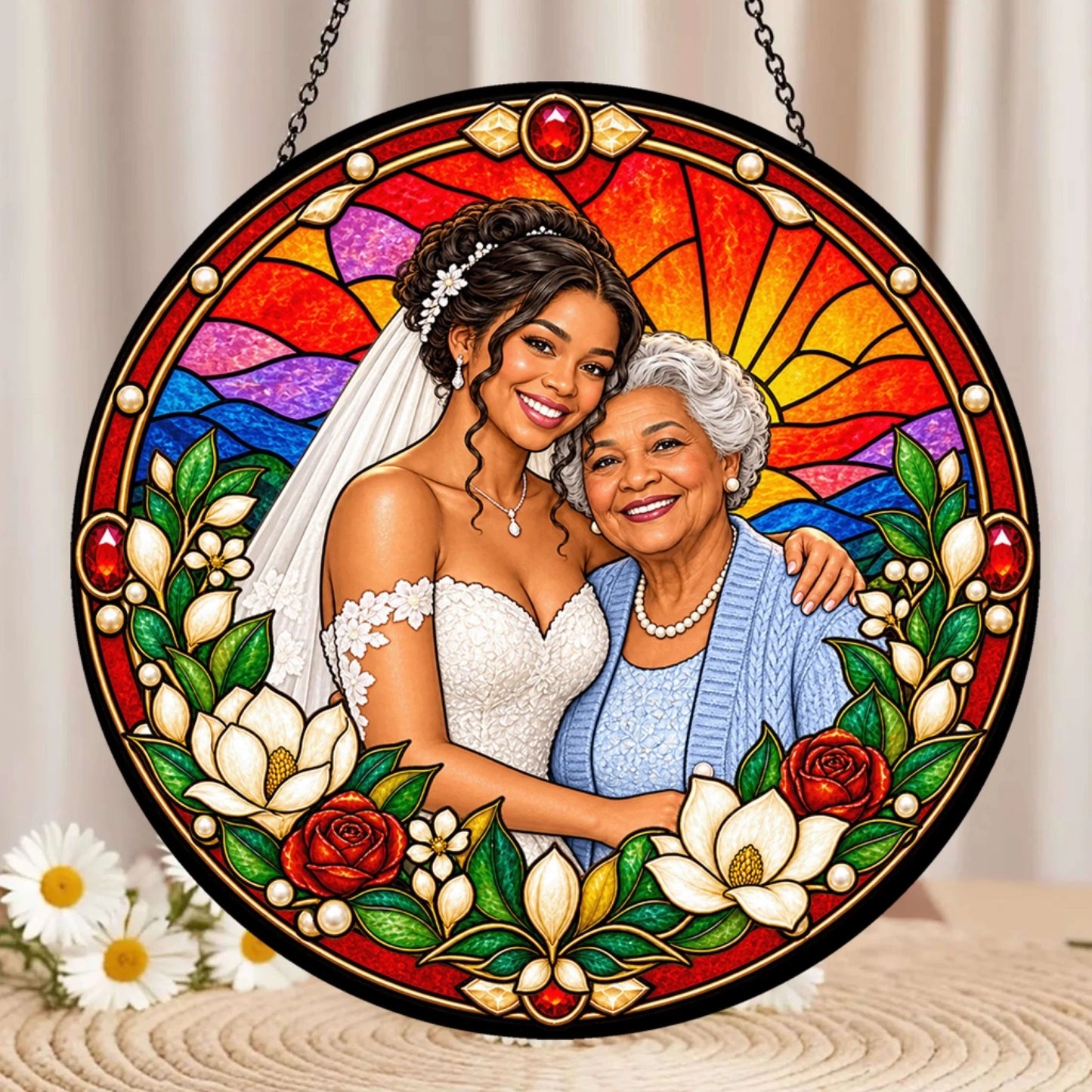 A decorative stained glass ornament featuring a bride and her grandmother, adorned with floral motifs for wedding decor.