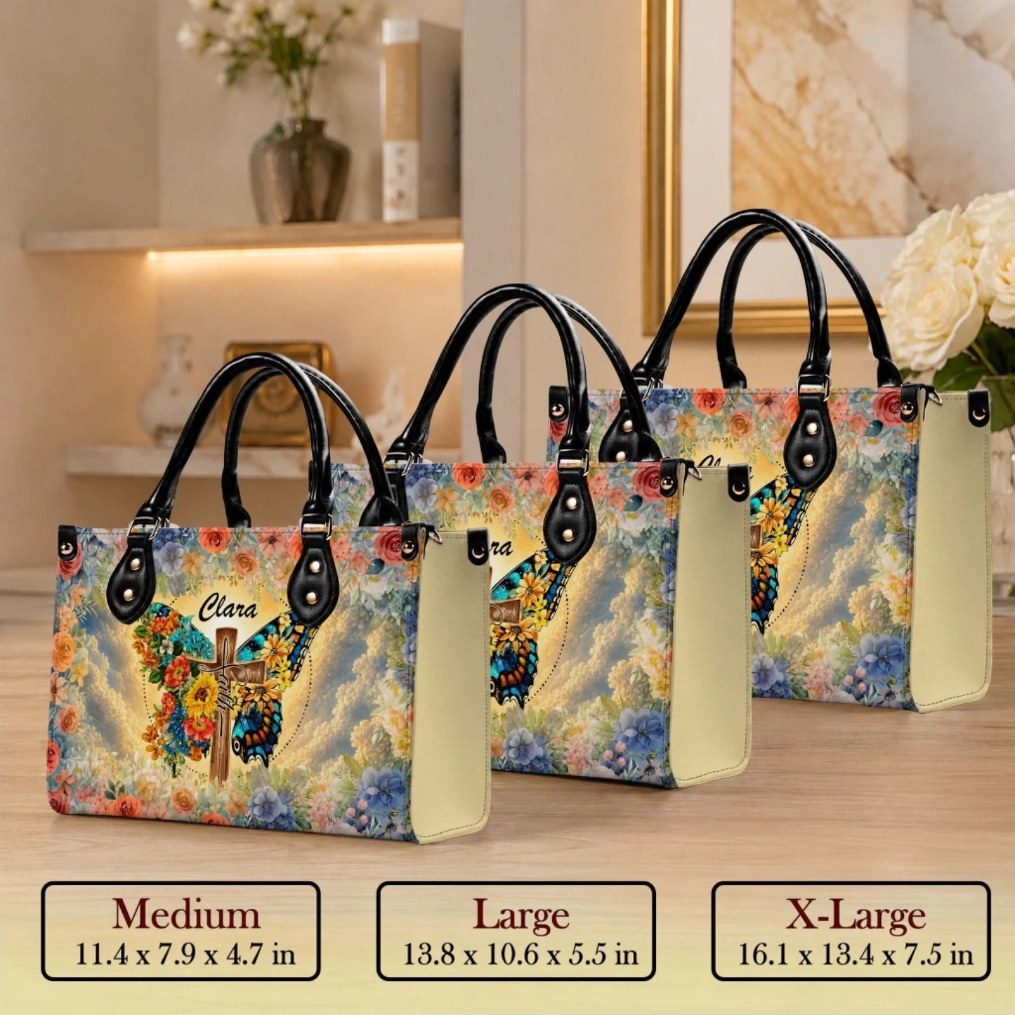 Custom butterfly and faith cross floral PU leather handbag offered in three different sizes for daily use.