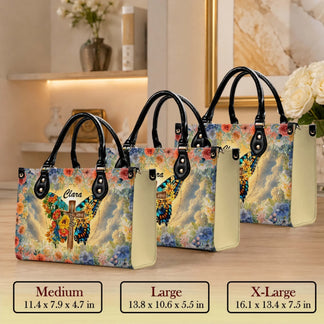 Custom butterfly and faith cross floral PU leather handbag offered in three different sizes for daily use.