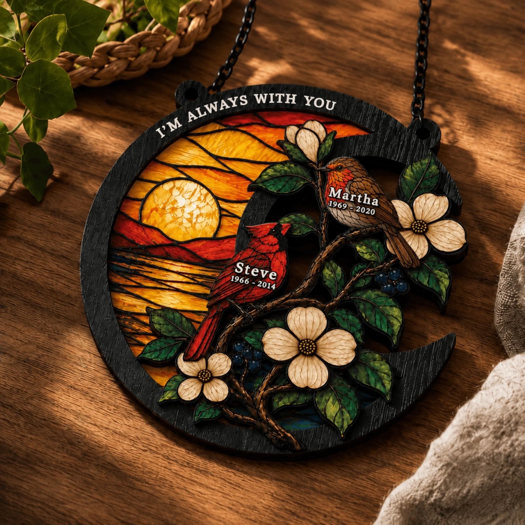 Custom memorial suncatcher with cardinals and robins featuring Steve and Martha names and dates for a sympathy gift.