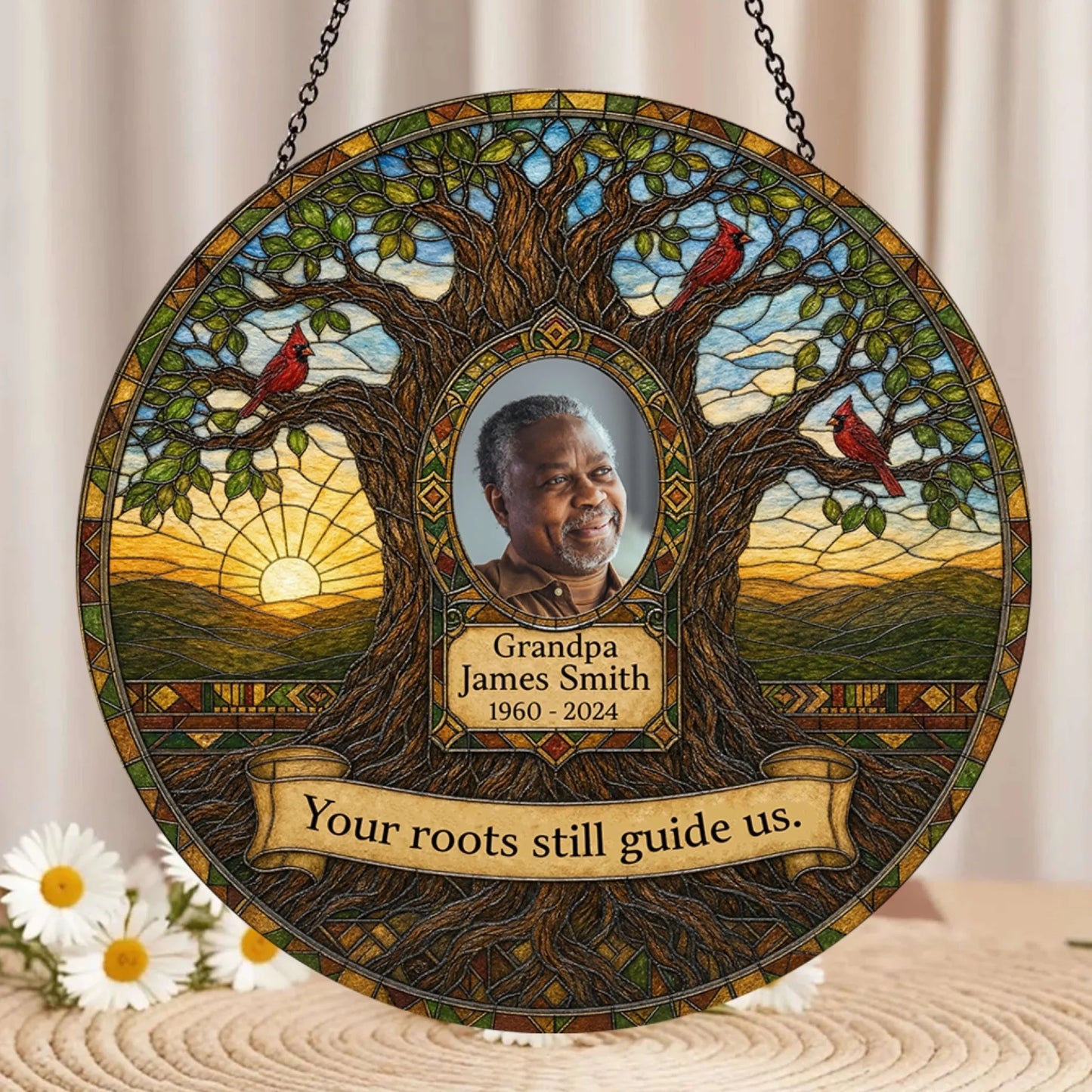 Custom memorial suncatcher for Grandpa featuring a cardinal tree of life design and personalized dates for sympathy.