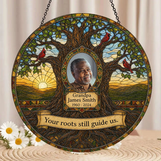 Custom memorial suncatcher for Grandpa featuring a cardinal tree of life design and personalized dates for sympathy.