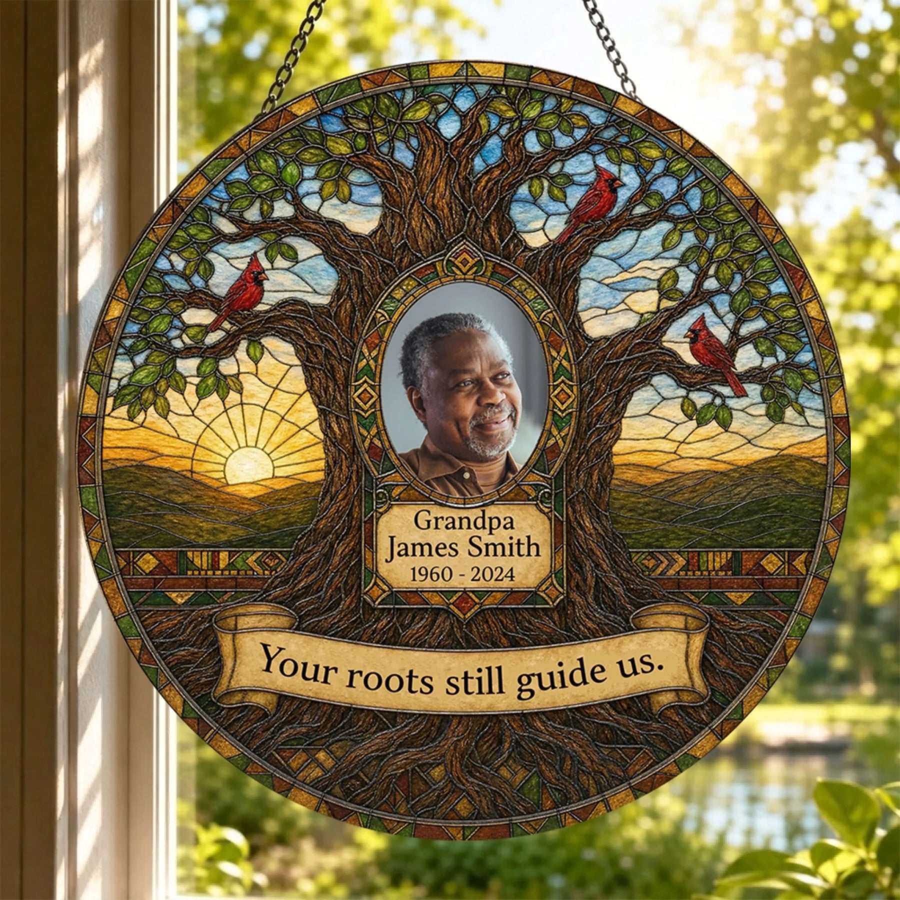 Stained glass memorial suncatcher with a custom photo and loving quote to honor the memory of a beloved grandpa.