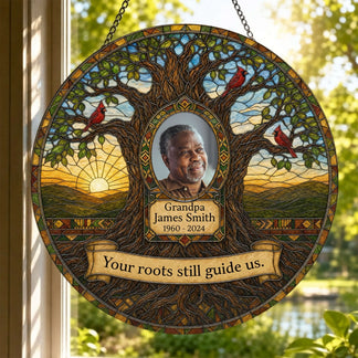 Stained glass memorial suncatcher with a custom photo and loving quote to honor the memory of a beloved grandpa.